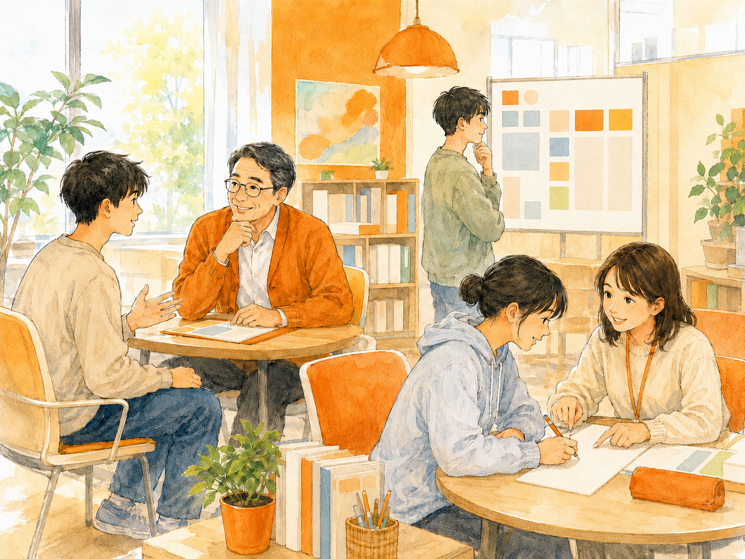 生徒の履歴書作成や面接練習に寄り添う教員たちのイラスト
